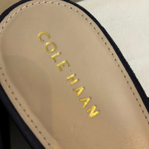 COLE HAAN Sz 8B Mules Navy Suede Golden Tone Rounded Studs Almond Toe Slip On - Picture 4 of 9